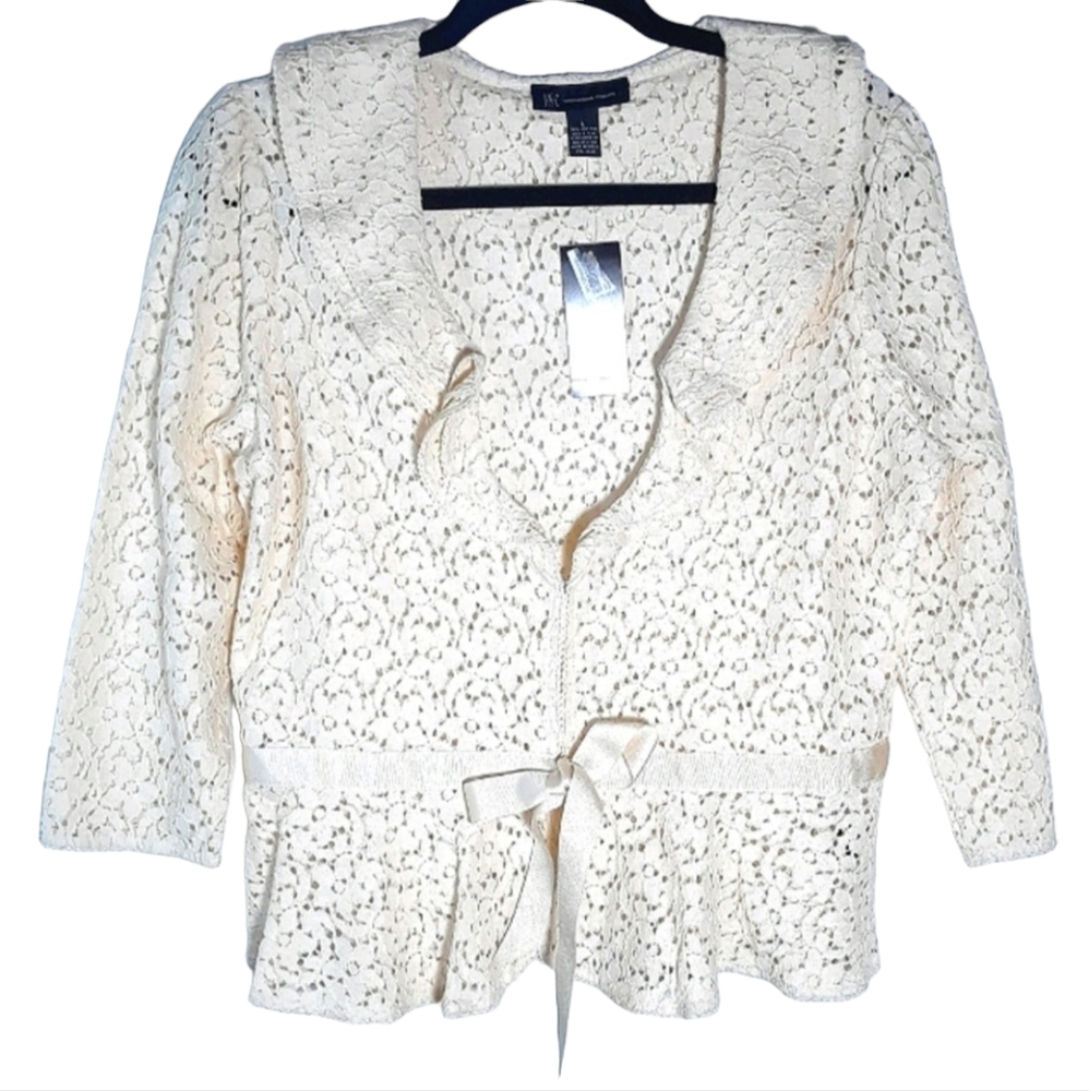 INC cream lace short waisted jacket top with bow waist Size Large NWT
